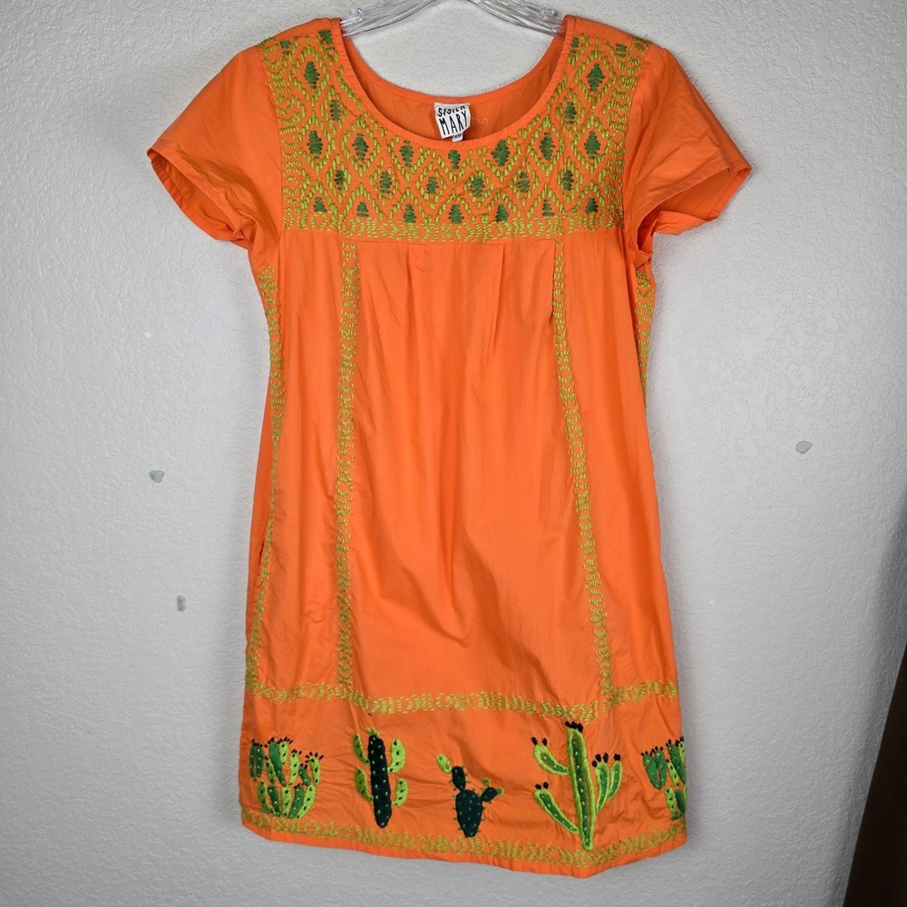 Sister Mary Lupe Dress Orange Cactus Embroidered Cotton Mini Shift Size XS